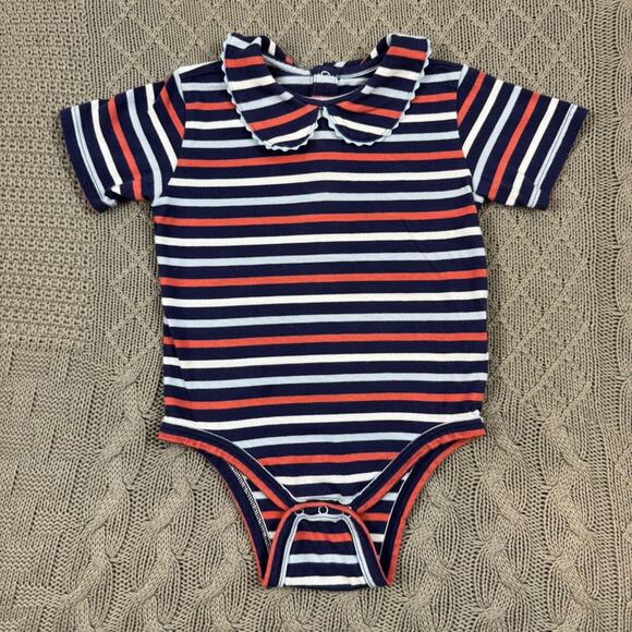 Classic Prep Striped Navy and Red Baby Onesie with Peter Pan Collar - 12/18M - Picture 1 of 13